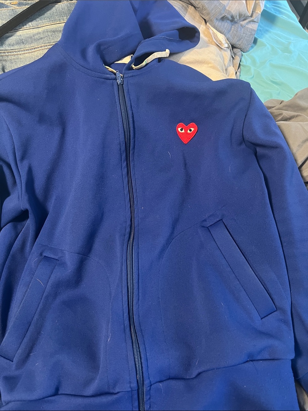 Comme des Garcons Blue Zip-Up Hoodie with Red Heart Patch